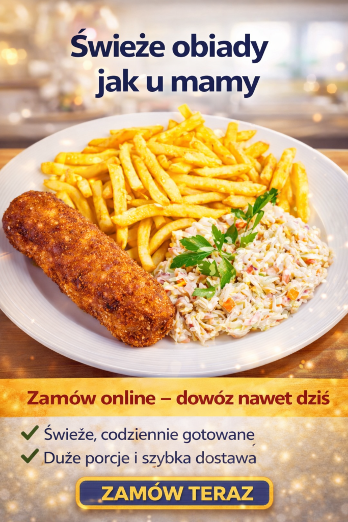 Devolay z serkiem ziołowym i koperkiem w płatkach kukurydzianych z frytkami i surówką