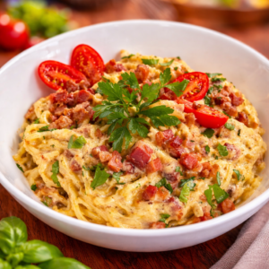 Carbonara z boczkiem wędzonym, makaronem i natką pietruszki