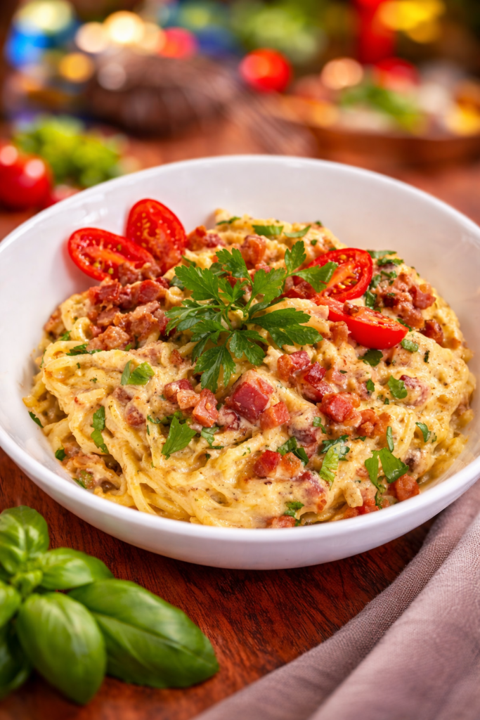 Carbonara z boczkiem wędzonym, makaronem i natką pietruszki