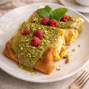 Naleśniki z kremem pistacjowym, malinami i bitą śmietaną 3 szt.