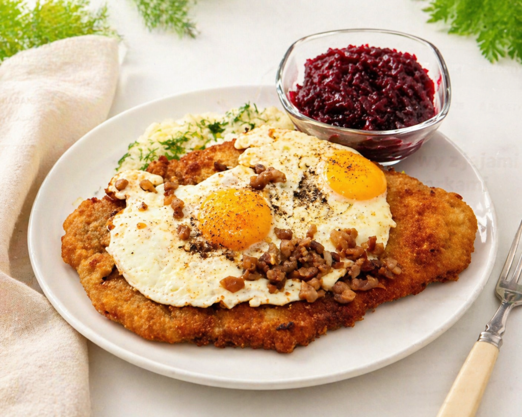Kotlet schabowy z jajami wiejskimi i skwarkami