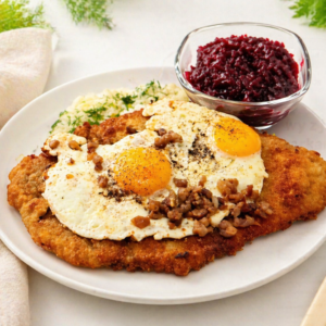 Kotlet schabowy z jajami wiejskimi i skwarkami