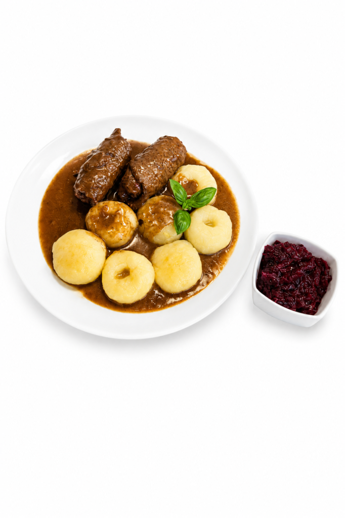 Zrazy wołowe w sosie własnym, kluski śląskie, buraczki – domowy zestaw premium